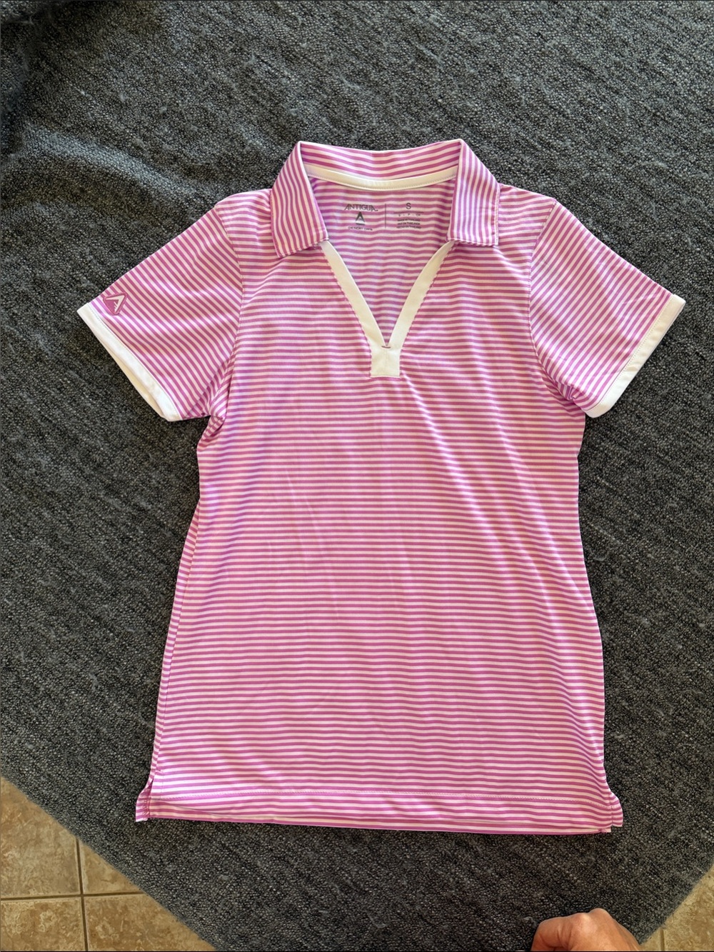 Antigua Pink and White Striped Short Sleeve Polo